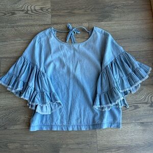 Amazon Light Blue Chambray Ruffle Sleeve Top